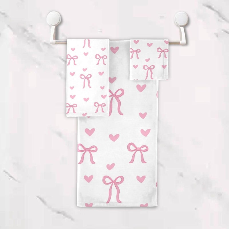 Dussdil Hearts Pink Ribbon Bow Bathroom Towel Set of 3 Pcs Hand Fingertip Bath Towels for Home Bathroom Hotel Gym Swim Washcloth Soft Thin Durable Highly Absorbent Multipurpose Decor - Image 4